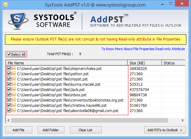select pst files