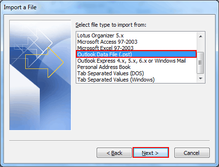 select outlook data file