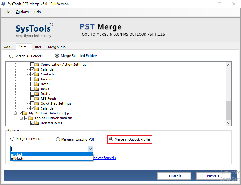 merge in Outlook profile