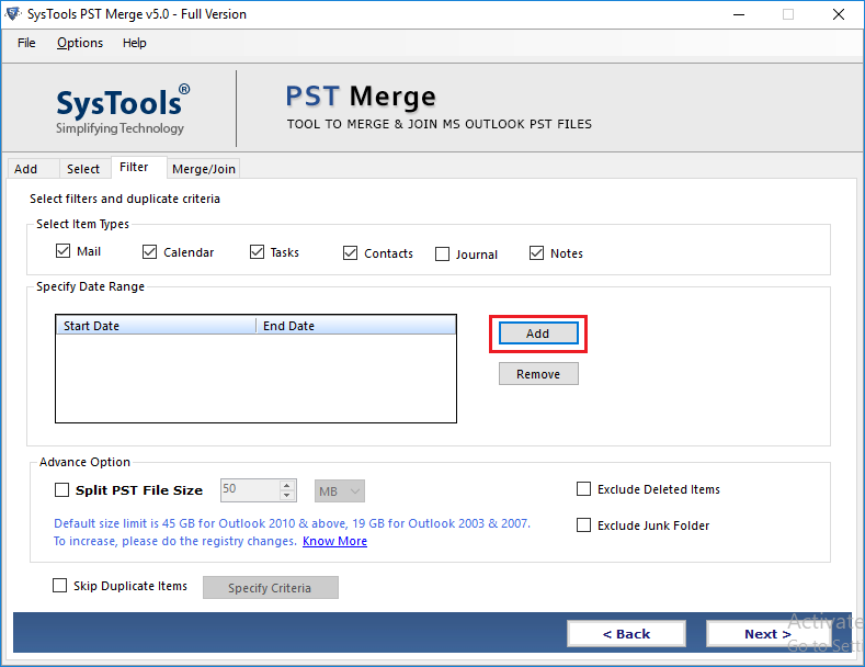 Specify date and range