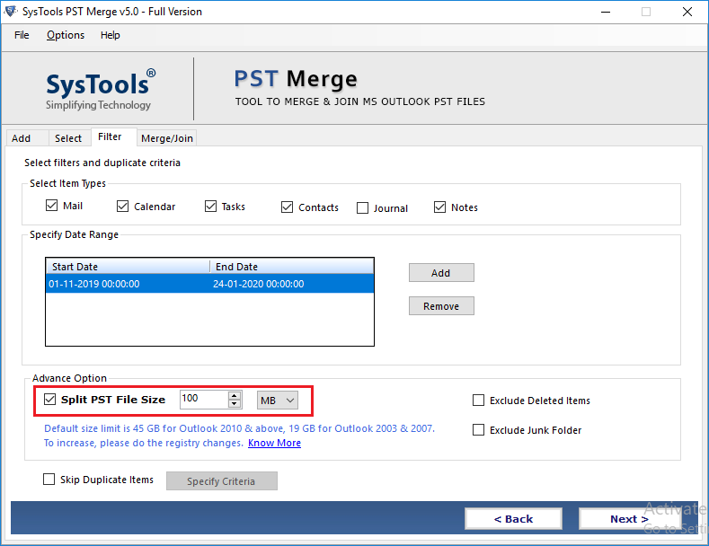 Split pst file size